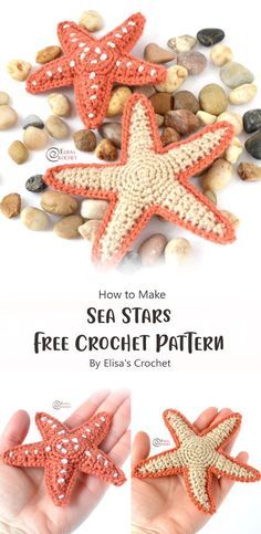 three crocheted starfishs are shown in different sizes and colors, with the text