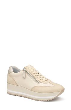 Tonal suede accents bring a subtle contemporary flourish to a sporty sneaker complete with a comfort-enhancing molded insole. 1 3/4" heel Lace-up style; side zip closure Removable TRUFOAM molded insole Leather upper and lining/rubber sole Imported Cream Suede Sneakers With Perforated Toe Box, Cream Suede Sneakers With Cushioned Footbed, Sporty Cream Leather Platform Sneakers, Cream Lace-up Sneakers With Removable Insole, Modern Cream Sneakers With Textured Sole, Modern Cream Sneakers With Removable Insole, Modern Cream Sneakers With Cushioned Footbed, Spring Leather Platform Sneakers With Removable Insole, Spring Leather Platform Sneakers With Insole