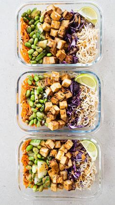 three glass containers filled with different types of food