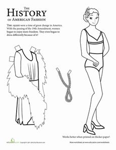 the history of american fashion coloring page with an image of a woman in bathing suit