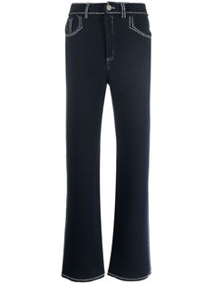 Blue Wide Leg Pants With Contrast Stitching, Modern Denim Pants With Contrast Stitching For Work, High Waist Blue Pants With Contrast Stitching, Modern Wide Leg Pants With Contrast Stitching, Blue Wide Leg Bottoms With Contrast Stitching, Classic Straight Leg Pants With Contrast Stitching, Blue Work Pants With Contrast Stitching, Luxury High Rise Denim Blue Wide Leg Pants, Denim Blue Wide Leg Pants With Seam Detailing