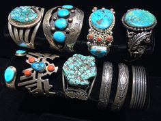 "- This listing is just for the one cuff that appears alone in the pictures... The others are also available in my shop in the section titled \"Fine Jewelry\". Please have a look... 1960's Navajo \"shadow box\" cuff, old vintage Native American Indian made sterling silver & turquoise multi stone cuff... with traditional silver stamp work, 2 raised leaves, 4 highly saturated pieces of blue turquoise... sculptural cuff tapers in & then back out... 5.25\" interior circumference plus 1.5\" g Vintage Turquoise Jewelry, Turquoise Jewelry Native American, American Indian Jewelry, Santa Fe Nm, Turquoise Cuff, Coral Turquoise, Sterling Silver Cuff, Old Vintage, Natural Turquoise