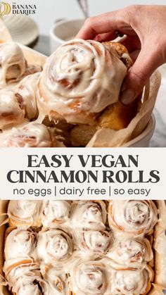 an image of cinnamon rolls with icing on top and the title overlay reads easy vegan cinnamon rolls no eggs dairy free so easy