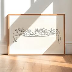 a drawing of people sitting on a long table in the middle of a room with white walls