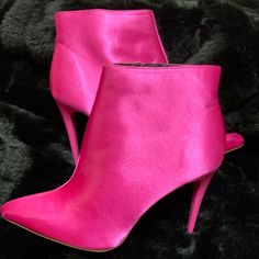 Boots By New Look / Satin Upper / Side Zip Fastening / Pointed Toe / High Heels / 100% Textile Upper. Heel Height: 9.5cm / 4” Pink Ankle-high Heels For Fall, Pink Ankle Boot Heels For Fall, Party Booties With Padded Ankle And Pointed Toe, Pink Round Toe Booties For Fall, Pink Pointed Toe Booties For Fall, Pink High Heel Boots Medium Width, Pink Ankle-high Booties For Fall, Pink Pointed Toe Heeled Boots For Fall, Pink Ankle Booties For Fall