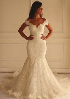 Mermaid Off Shoulder Sleeveless Chapel Lace Wedding Dress - Mermaid Lace Wedding Dress, Plus Size Bridal Dresses, How To Dress For A Wedding, Trumpet Wedding Dress, Bridal Dresses Lace, Bohemian Wedding Dress, Princess Wedding Dresses, Lace Mermaid Wedding Dress, Best Wedding Dresses