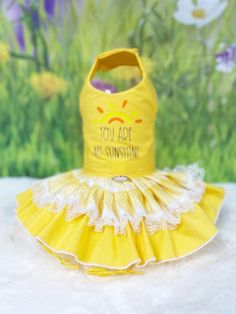 a yellow dog dress with white ruffles and you are my sunshine written on it