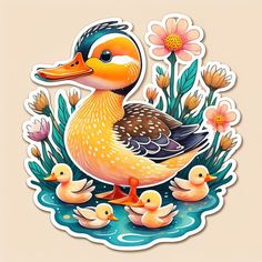 a sticker depicting a duck and her babies in the water with flowers around it