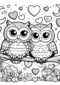 two owls sitting on a branch with hearts