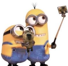 a cartoon character holding a cell phone in one hand and a minion on the other