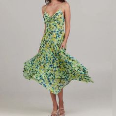 Charlie Holiday Abigail Midi Dress In Tropical Floral Anthropologie Brand New With Tags Print Is Yellow, Blue, Green Spaghetti Straps, Adjustable Handkerchief Hem Back Zipper Measures About Underbust Size 4 = 14” Underbust Size 2 = 13” Color May Vary Due To Lighting Ships Same Day Smoke Free Pet Free Tag, Anthro , Boho Green Floral Print Dress With Spaghetti Straps, Spring Green Midi Dress With Spaghetti Straps, Green Spaghetti Strap Dress With Floral Print, Green Spaghetti Strap Floral Dress, Green Flowy Spaghetti Strap Dress, Green Flowy Dress With Spaghetti Straps, Green Spaghetti Strap Dress For Day Out, Green Midi Sundress With Tie Straps, Green Flowy Sundress With Spaghetti Straps