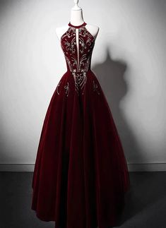 Wine Red Velvet Beaded Halter Long Formal Dress Velvet Prom Dress, Long Formal Dress, Satin Evening Dresses, Dress A Line, Gorgeous Gowns, Beautiful Wedding Dresses, Fancy Dresses, Wine Red, Formal Dress