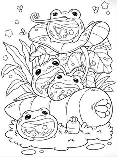 an adult coloring book with cartoon animals and pumpkins on the ground, in black and white