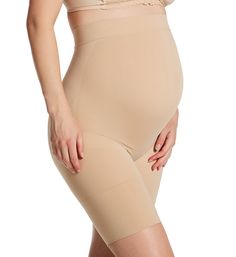 Support your thighs, growing belly and rear with this smooth, seamless shaping bottom that's especially designed for wear during pregancy. Made of nylon and spandex. Wide, seamless waistband lies flat against the body. Non-restrictive top with tummy support for a growing belly. Sleek, smooth knit surface - clothes do not stick. Lifts the rear. Lower back support. Provides smooth, seamless all day comfort. Tagless. MeMoi Women's SlimMe Maternity Support Thigh Shaper in Nude (MSM-116) | Size Small High Stretch Mid-thigh Shapewear Bottoms, Solid Micro-elastic Mid-thigh Shapewear, Stretch Nylon Shapewear Mid-thigh Length, Seamless Compression Shapewear Mid-thigh Length, Beige High-cut Leg Shapewear With Medium Bust Support, Seamless Fitted Maternity Bottoms, Fitted Seamless Maternity Bottoms, Lower Back Support, Growing Belly