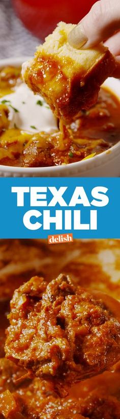 the cover of texas chili is shown with a hand holding a piece of food in it