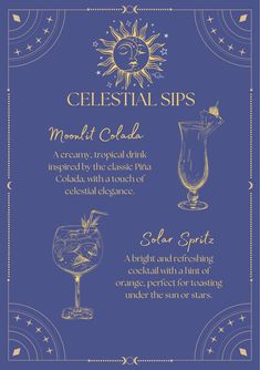 the celestial sips menu is shown in blue and gold