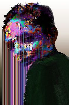 a man's face is covered in multicolored lines and shapes as he stares into the distance