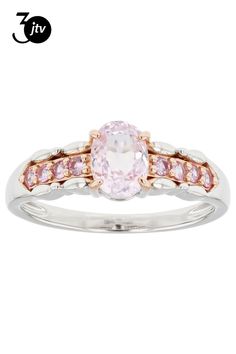 0.95ct Oval Kunzite With 0.18ctw Round Pink Sapphire Rhodium Over Silver Two-Tone Ring. Measures Approximately 0.72"L x 0.27"W. Not sizeable. Pink Kunzite, Pink Sapphire, Two Tone, Sapphire, Sterling Silver, Ring, Silver, Pink