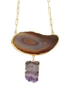 Brown Agate Amethyst Slice Bib Statement Necklace Brown Agate, Agate Slice, Purple Amethyst, Paper Clip, Lobster Clasp, Grey And White, Agate, Statement Necklace, Gold Plate