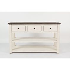 a white wooden table with two drawers on one side and an open shelf on the other