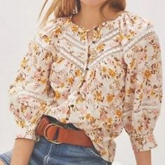 Anthropologie Harmony Lace Peasant Blouse  | eBay Spring Bohemian Peasant Top With Puff Sleeves, Bohemian Puff Sleeve Tops For Brunch, Peasant Style Blouse For Day Out, Casual Blouse With Boho Collar For Spring, Spring Vintage Peasant Top With Floral Print, Spring Peasant Top With Boho Collar, Vintage Floral Print Peasant Top For Spring, Vintage Peasant Top With Floral Print For Spring, Bohemian Peasant Top With Puff Sleeves And Floral Print