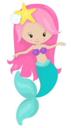 a little mermaid with pink hair and starfish on her tail, swimming in the water