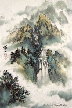 Chinese Waterfall, Chinese Ink Painting, Waterfall Paintings, Japanese Watercolor, Mountain Landscape Painting, Chinese Brush Painting