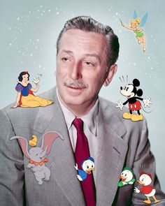 a man in a suit with many cartoon characters around him