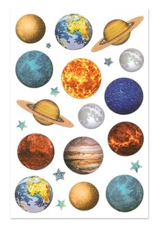 the planets stickers are shown in different colors and sizes, with stars around them