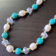 Vintage 11mm White Freshwater Pearls, Lab made Turquoise Stone, Glass Beads & Gold Metal Beads -beaded Necklace, 23 inches Golden Co, White Freshwater Pearl, Metal Beads, Turquoise Stone, Fresh Water, Freshwater Pearls, Gold Metal, Glass Beads, Lab