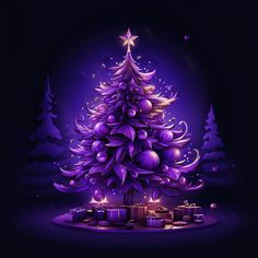 a purple christmas tree surrounded by presents on a dark background with stars and snowflakes