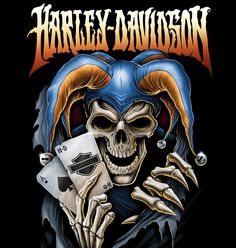 harley davidson poster featuring a skeleton holding a card and playing cards with the words,