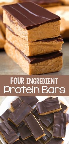 four ingredient protein bars stacked on top of each other with text overlay that reads, four ingredient protein bars