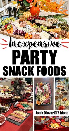 an assortment of party snack foods on a table with text overlay that reads, expensive party snack foods