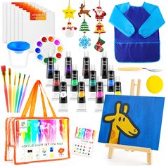 an assortment of arts and crafts items including paint, markers, pencils, canvas bag