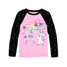 Little girls' graphic tee features the popular JoJo Siwa and her unicorn dancing in the streets. T-Shirt is a raglan style, long sleeve in pink/black with an allover star print down the sleeves. This shirt is a girls' cut that tapers in 1/2" on the sides and back out. For a looser fit, buy a size up. See size chart image for measurements. 60/40 Cotton-Poly blend. Machine washable. Imported. Size: 6XL.  Gender: female.  Age Group: kids. Girls Graphic Tee, Jojo Siwa, Kids Outfits Girls, 2 On, Star Print, The Streets, Shirts For Girls, Pink Black, Long Sleeve T Shirt