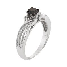 With a round-cut black diamond center stone set in a textured open-worked band, this sterling silver is sure to impress. Click on this JEWELRY & WATCHES GUIDE to learn about fit, styles, materials and more!RING DETAILS Width: 6.11 mm Metal: white rhodium-plated sterling silver, black rhodium-plated sterling silver DIAMOND DETAILS Total weight: 1/2 ct. Shape: round Color: black Color grade: I-J Clarity: I2-I3 Setting: prong Image(s) may be enlarged to show detail.Diamond weights are approximate. Right Hand Rings, Black Rhodium, Ring Diamond, 2 Carat, Silver Diamonds, Stone Settings, Dresses Casual, Black Diamond, Rhodium Plated