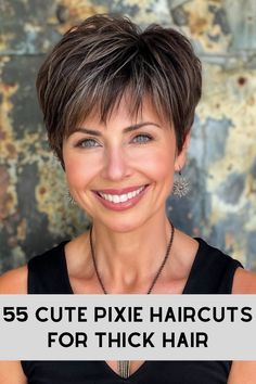 Pixie Cuts for Thick Hair >>> Feisty and full of life: The pixie with razor-cut bangs and layers. This haircut is a modern take on the classic pixie, offering an edgy, textured look that's both stylish and versatile. Click here to check out more super cute pixie haircuts for thick hair. Pixie For Thick Hair Round Face, Short Textured Haircuts For Thick Hair, Short Hair Ideas For Thick Hair, Pixie For Thick Hair Over 50, Pixie Haircut Thick Straight Hair, Short Pixie Haircut For Thick Hair, Short Haircuts For Long Face, Short Hairstyles For Women Over 50 With Thick Hair, Full Short Hairstyles