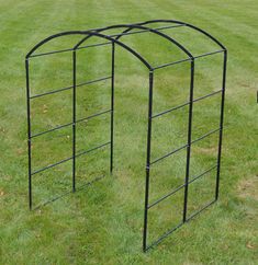 two black metal structures sitting in the grass