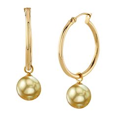 A beautiful pair of 9mm Golden South Sea cultured hoop pearl earrings with gorgeous 14K gold mountings. Our Golden pearls come directly from the Philippines.  All pearl earrings are approved by our staff of GIA pearl experts and come packaged in a beautiful pearl jewelry box. These earrings are approximately 1 inch in height including the pearl. Yellow Gold Hoop Earrings With Pearl Charm For Anniversary, Anniversary Yellow Gold Hoop Earrings With Pearl Charm, Yellow Gold Hoop Earrings With Pearl, Classic Yellow Gold Hoop Pearl Earrings, South Sea Pearl Earrings Design, Elegant Yellow Gold Pearl Earrings, Tarnish Resistant, Hoop Pearl Earrings, Golden South Sea Pearls Earrings, Gold Shell-shaped Pearl Earrings