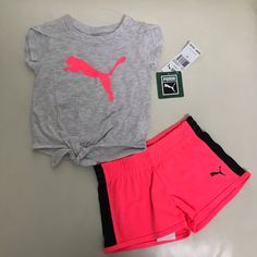 New 2 Pieces $34 Sporty Spring Playtime Bottoms, Sporty Spring Bottoms For Playtime, Short Summer Activewear, Casual Pink Shorts For Playtime, Pink Cotton Activewear For Playwear, Playful Cotton Sports Shorts, Neon Shorts, Shorts Set, Matching Sets