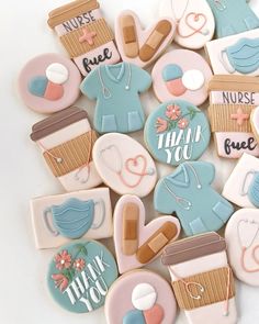 some cookies that have been decorated to look like nurse's work clothes and medical supplies