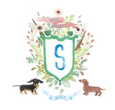 two dogs standing next to each other in front of a shield with the letter s on it