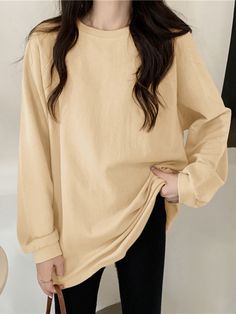 Solid Long Sleeve Loose Crew Neck Causal Sweatshirt Beige Long Sleeve T-shirt With Relaxed Fit, Oversized Solid Color T-shirt For Fall, Oversized Solid Color Fall T-shirt, Plain Crew Neck Tops For Fall, Oversized Long Sleeve Plain T-shirt, Beige Long Sleeve Cotton T-shirt, Oversized Long Sleeve Beige T-shirt, Oversized Beige Long Sleeve T-shirt, Beige Oversized Long Sleeve T-shirt