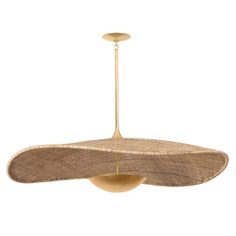 a light fixture made out of woven material with a gold colored metal ring hanging from the ceiling