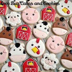 decorated cookies with farm animals and barnyards are displayed on a table in front of the words, more big cakes and cookies