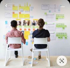 two people sitting in chairs facing each other with sticky notes on the wall behind them