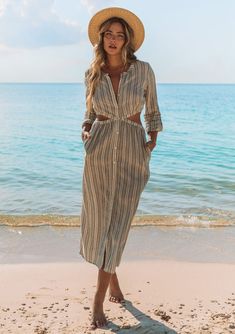 Women's White & Black Striped Midi Shirt Dress - LOVESTITCH Striped Long Sleeve Maxi Dress For Vacation, Summer Midi Length Shirt Dress For Beach, Summer Beach Midi Shirt Dress, Summer Midi-length Beach Shirt Dress, Striped Long Sleeve Maxi Dress For Summer, Striped V-neck Shirt Dress For Beach, Long Sleeve Striped Maxi Dress For Summer, Casual Vertical Stripes Maxi Dress For Beach, Casual Striped Maxi Dress For The Beach