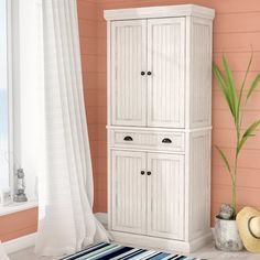 a tall white cabinet next to a potted plant in a room with pink walls