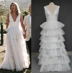 a woman in a white wedding dress next to a mannequin wearing a gown with tiered layers